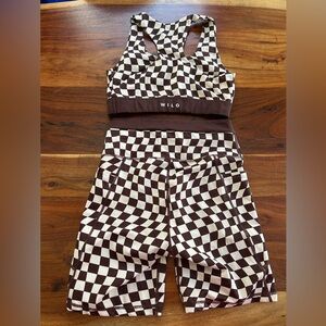 Wilo the label brown and cream checkered print bike short and sports bra SET